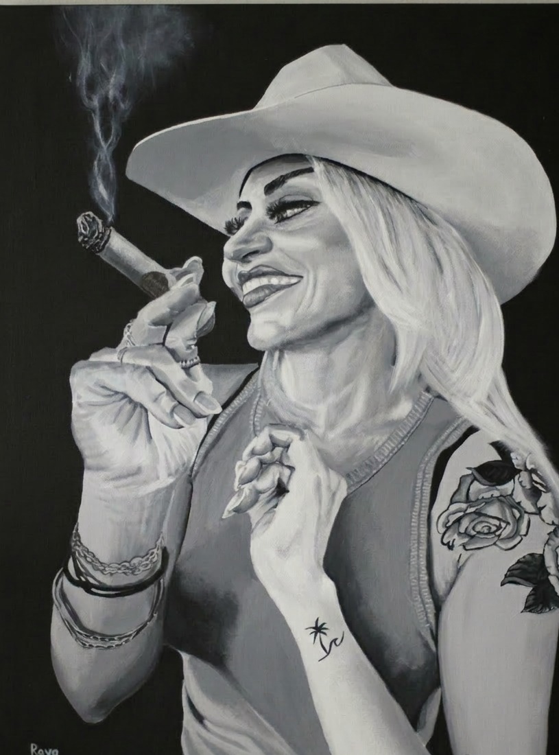 Raya — acrylic on canvas portrait, the third piece in the Burned Into Legacy series
