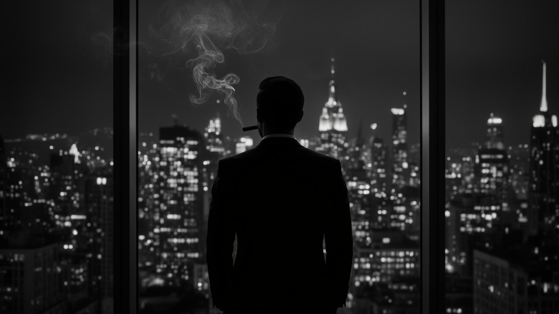 A figure overlooking a city skyline at night