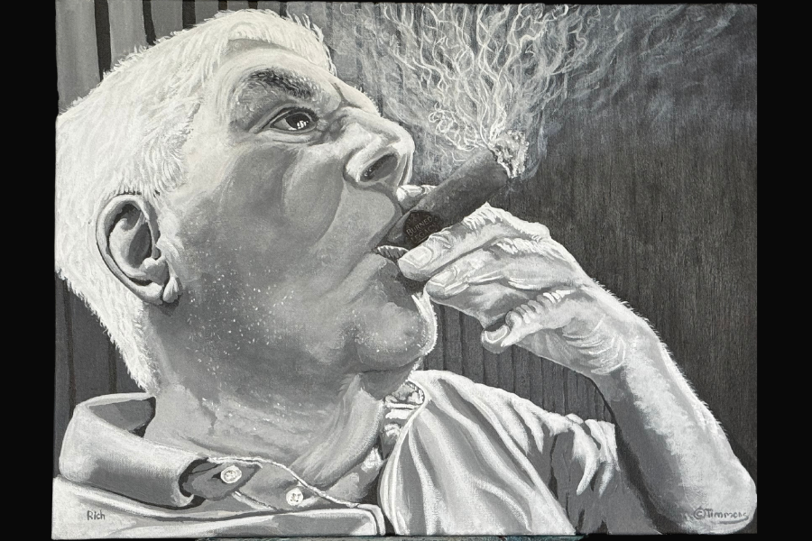 Rich — acrylic on canvas portrait, the first piece in the Burned Into Legacy series